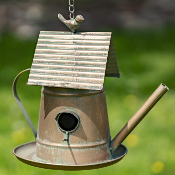 Hanging metal birdhouse teapot with tray in antique copper finish in house kettle shape