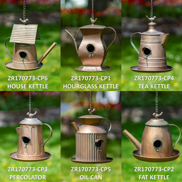Set of 6 Assorted Style Antique Copper Finish Teapot Birdhouses