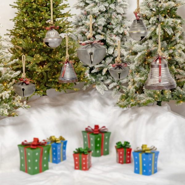 Six Metal Bells with Tied Bows that Jingle- Seen with Presents for Display
