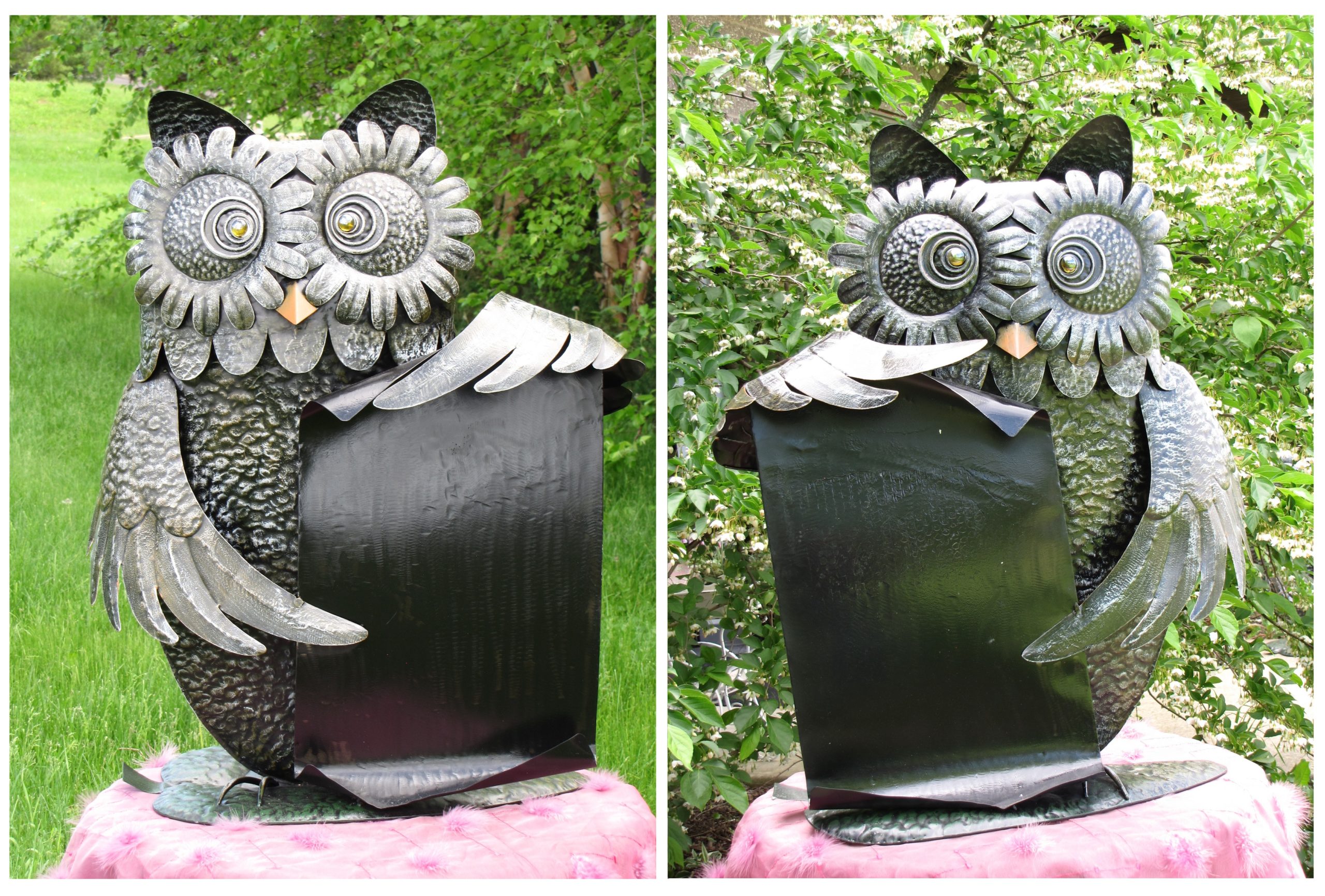 Set of 2 Funny Iron Owls Holding a Scroll