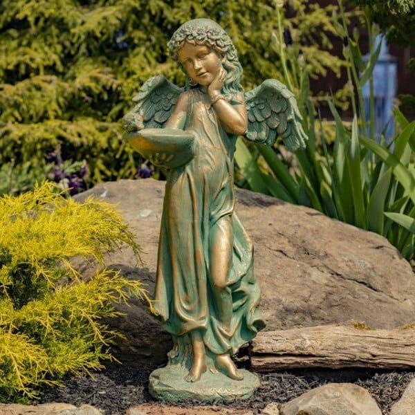 37 inch tall pretty magnesium little girl angel garden statue with flower crown andwings holding birdbath and small bird in an antique copper bronze teal finish