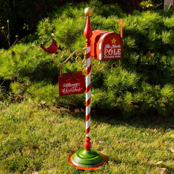 42 inch tall standing Christmas mailbox in Christmas colors with hanging sign Merry Christmas and red cardinal