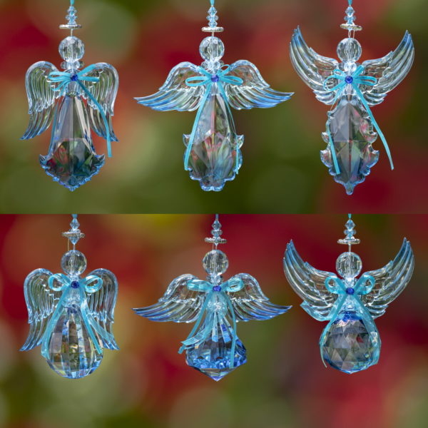 collage of large blue acrylic angels in 6 assorted styles hanging ornaments