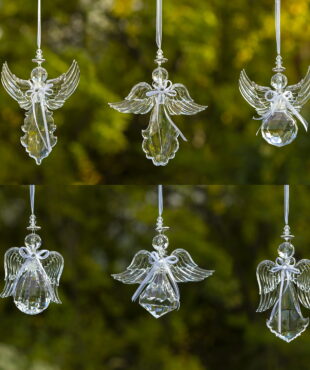 collage of large clear acrylic angels in 6 assorted styles hanging ornaments