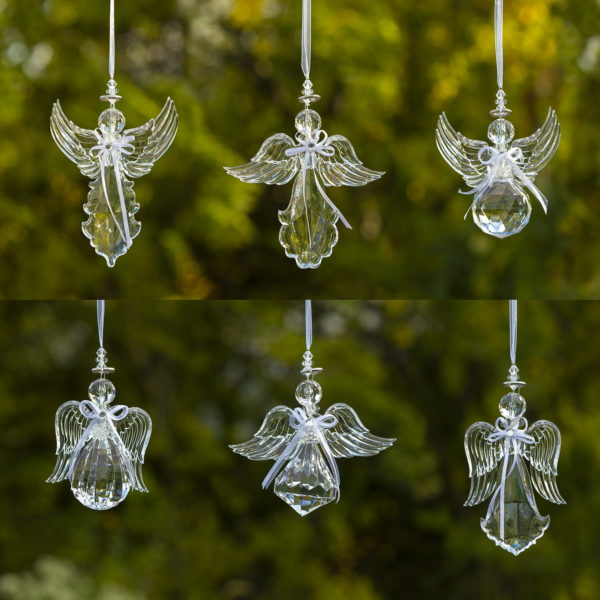 collage of large clear acrylic angels in 6 assorted styles hanging ornaments