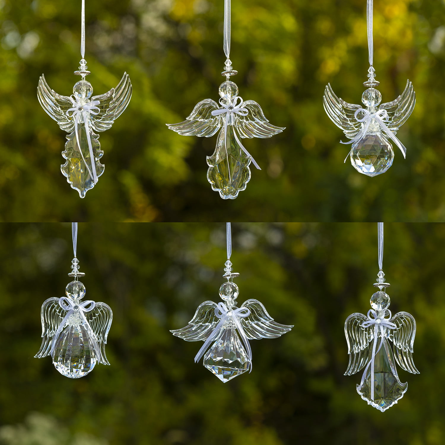 Set of 6 Assorted Style Hanging Clear Acrylic Angel Ornaments