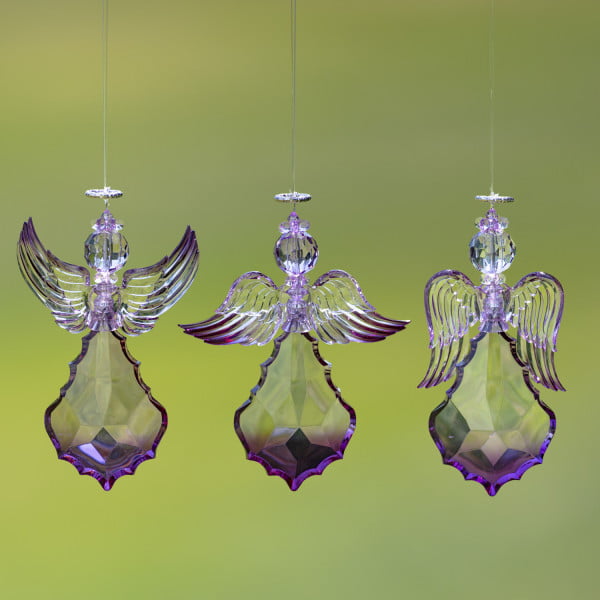 image of 3 Large Hanging Purple Acrylic Angel Ornaments in 3 assorted styles