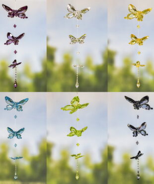 collage image of three piece acrylic butterfly chain in 6 assorted colors