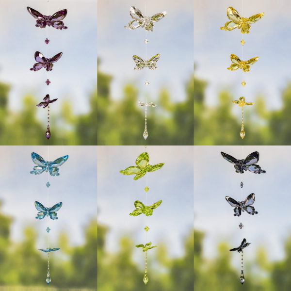 collage image of three piece acrylic butterfly chain in 6 assorted colors