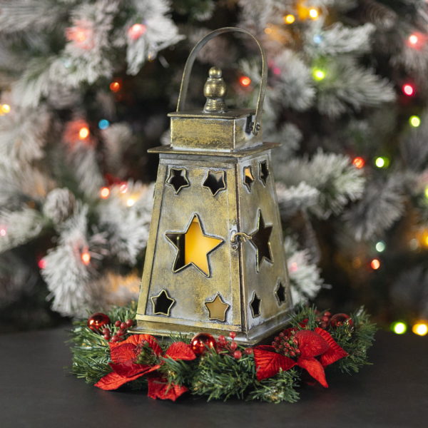Iron Lantern- With Decorative Star Cut Outs Lit Candle inside