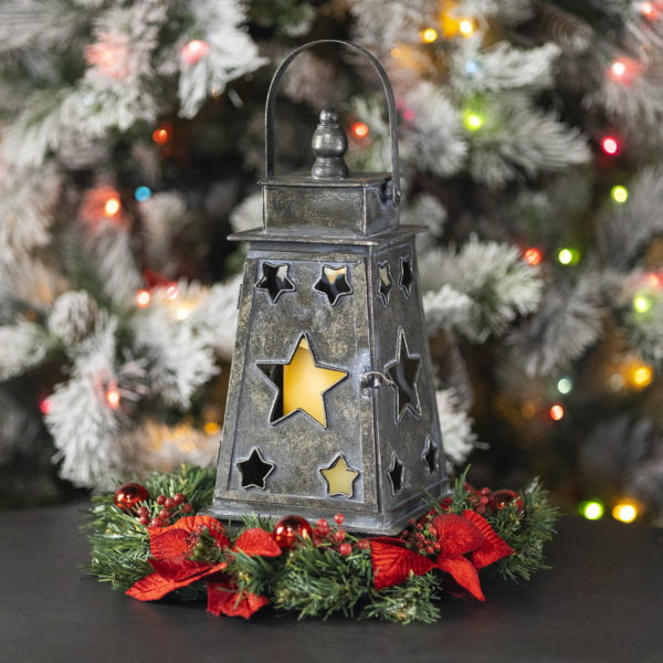 Iron Lantern- With Decorative Star Cut Outs -Lit Candle inside
