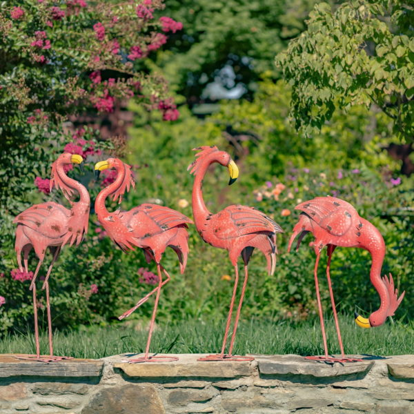 4 Metal Flamingos with Long Legs