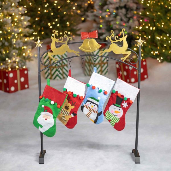 Christmas stocking holder stand with 4 assorted styles stockings in black with gold bell and reindeer