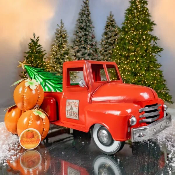 Small Multi-Seasonal Iron Pickup Truck with Removable Christmas Tree and Pumpkins