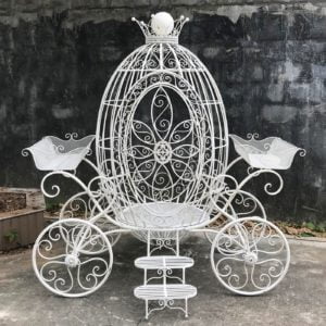 Majestic Egg-Shaped Iron Carriage with Crown in Antique White