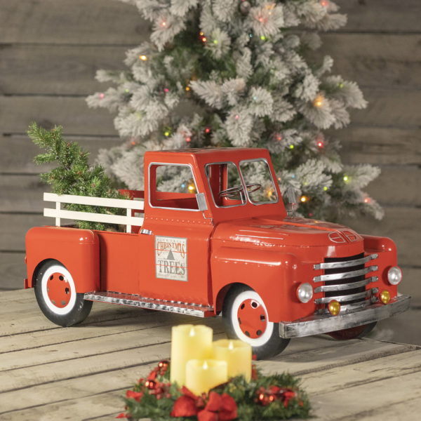 36 inch long red metal truck Christmas decoration with tree in trunk
