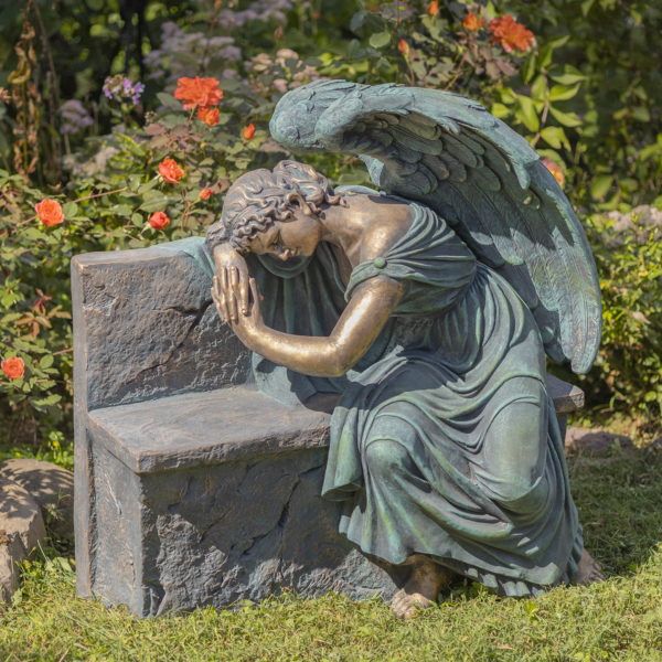 35 inch tall statue of angel napping on bench with finest details and textures in antique bronze finish