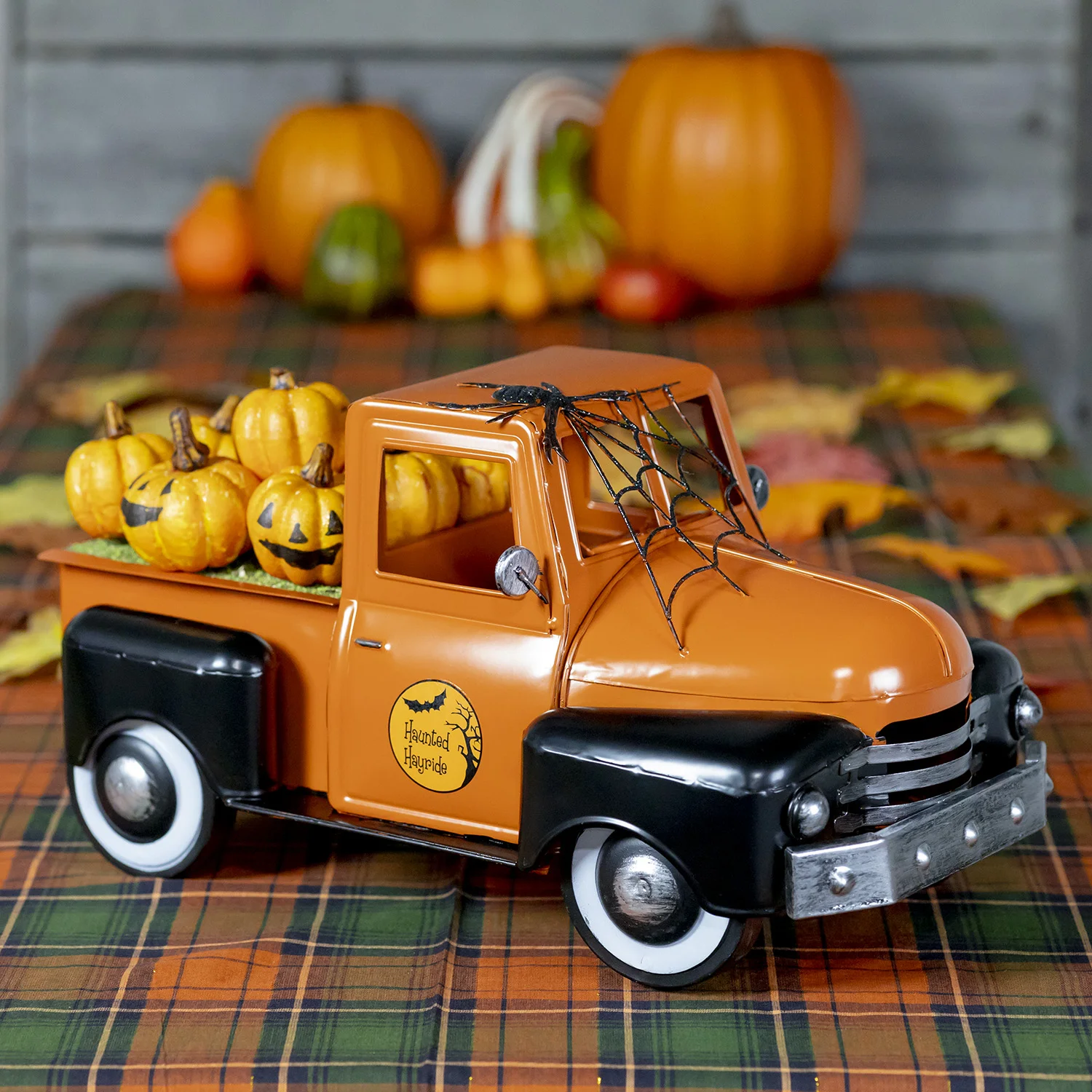 Haunted Hayride Halloween Truck with Spiderweb and Pumpkins