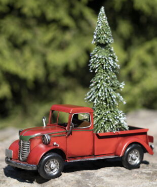 12.5 inches long country style red pickup truck in distressed red finish with removable Christmas tree in trunk