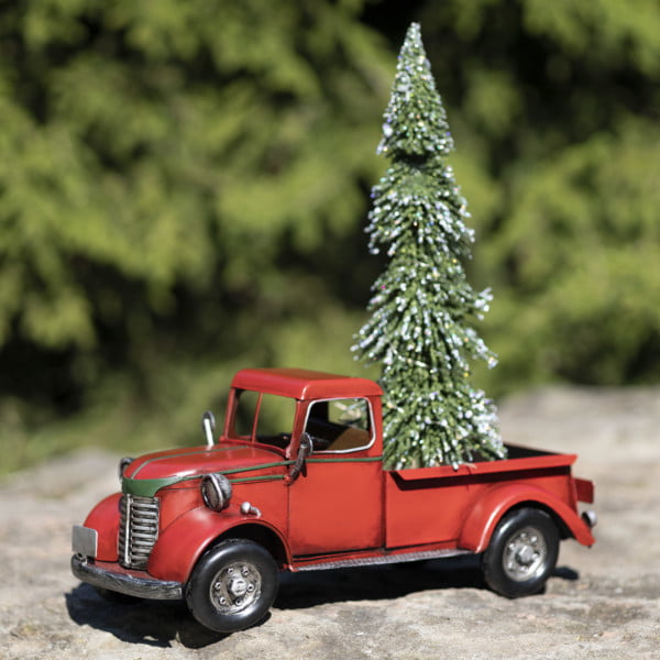 12.5 inches long country style red pickup truck in distressed red finish with removable Christmas tree in trunk