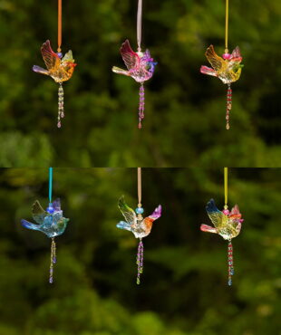 collage of Five tone hanging acrylic flying chickadee ornaments with beaded tassel in 6 assorted color combinations