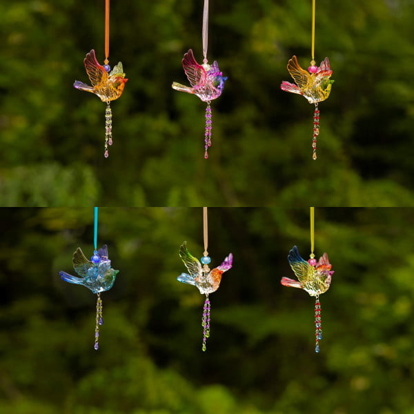 collage of Five tone hanging acrylic flying chickadee ornaments with beaded tassel in 6 assorted color combinations