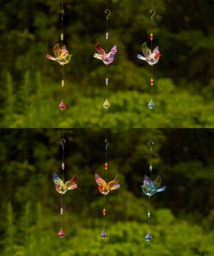 collage of 6 five tone hanging acrylic flying chickadee ornaments with diamond dangle in 6 assorted color combinations