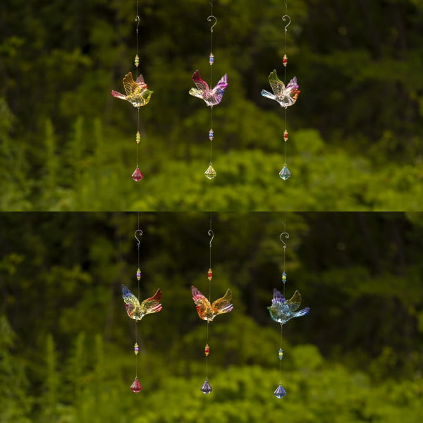 collage of 6 five tone hanging acrylic flying chickadee ornaments with diamond dangle in 6 assorted color combinations
