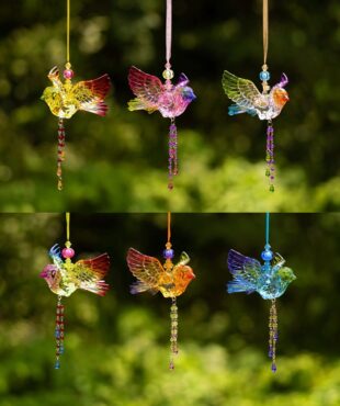 collage of 6 five tone hanging acrylic robin ornaments with beaded tassel in 6 assorted colors