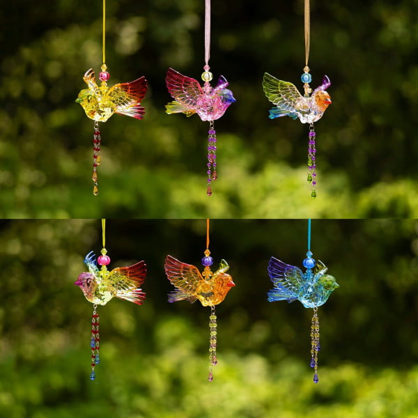 collage of 6 five tone hanging acrylic robin ornaments with beaded tassel in 6 assorted colors