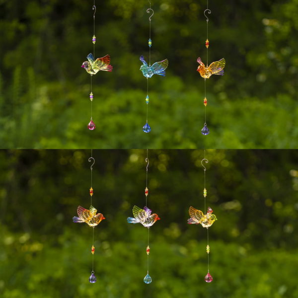 collage of five tone hanging acrylic robin ornaments in 6 assorted colors with balloon dangle