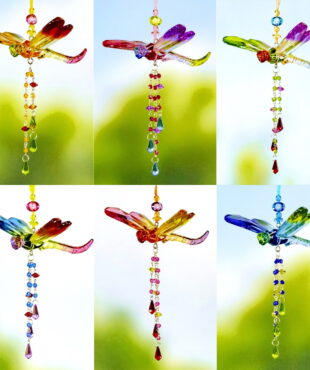 One set of six multi colored acrylic dragonfly ornaments with six beaded tassel hanging to the bottom of the dragon fly