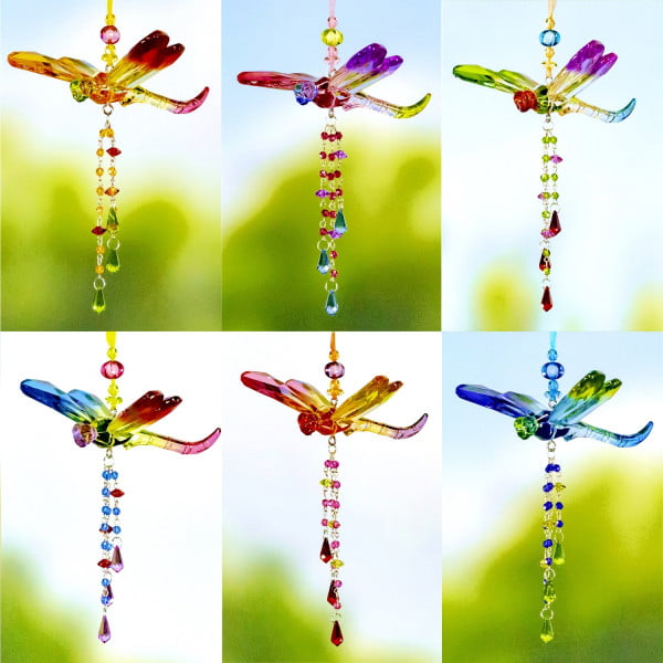 One set of six multi colored acrylic dragonfly ornaments with six beaded tassel hanging to the bottom of the dragon fly