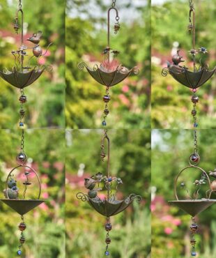 group photo of 6 assorted animal hanging bird feeders wind chimes with glass marble balls in antique copper finish