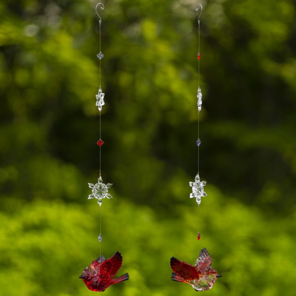 set of 2 acrylic red cardinals hanging ornaments with snowflake details