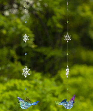 set of 2 acrylic hanging blue jay ornaments with snowflake details