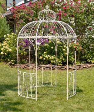 9 feet tall iron round ornate gazebo with 3 side walls and some in distressed antique white finish