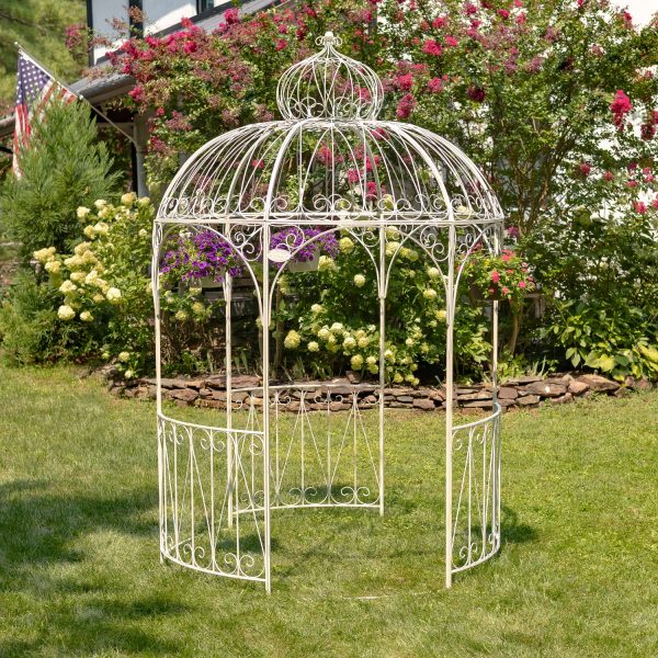 9 feet tall iron round ornate gazebo with 3 side walls and some in distressed antique white finish