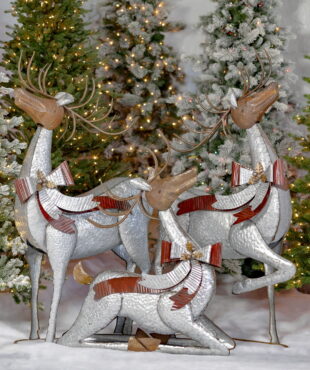 3 Large Galvanized Reindeers with bows and bells on Christmas background