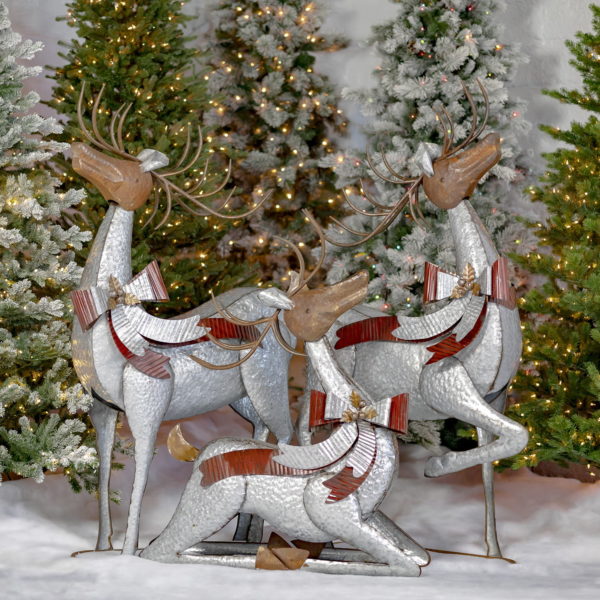 3 Large Galvanized Reindeers with bows and bells on Christmas background
