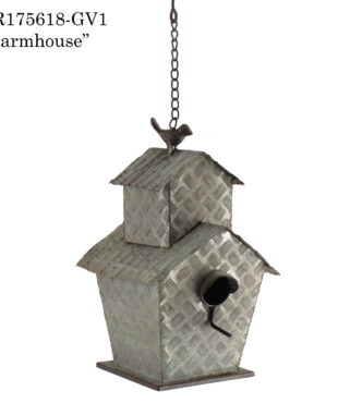 11.75in tall hanging galvanized metal birdhouse shaped like a small barn with bird sculpture perched on roof, hand painted in a distressed antique silver finish and named Farmhouse; displayed in front of white background
