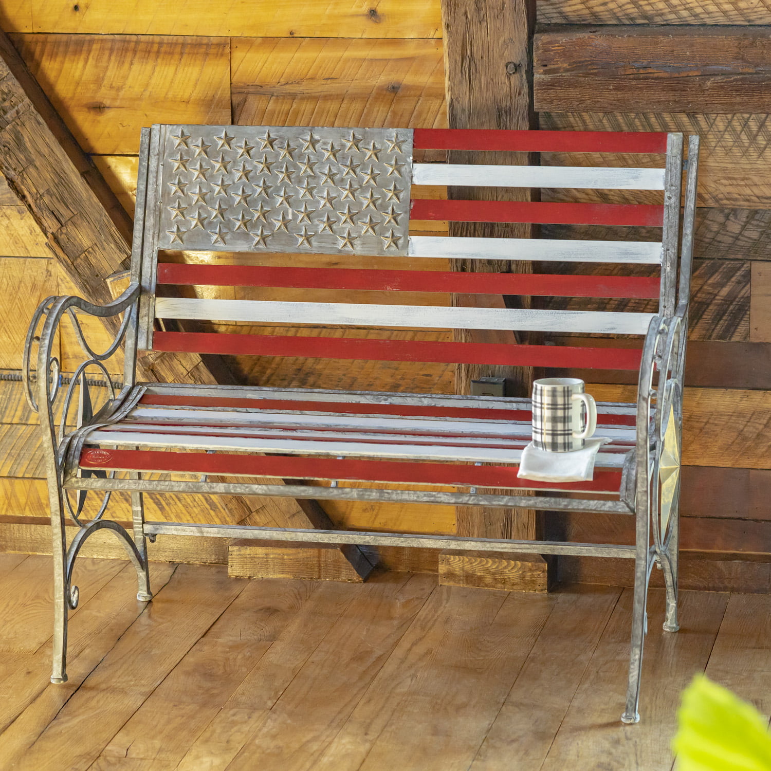 "Proud to Be an American" Flag Iron Garden Bench Lesera