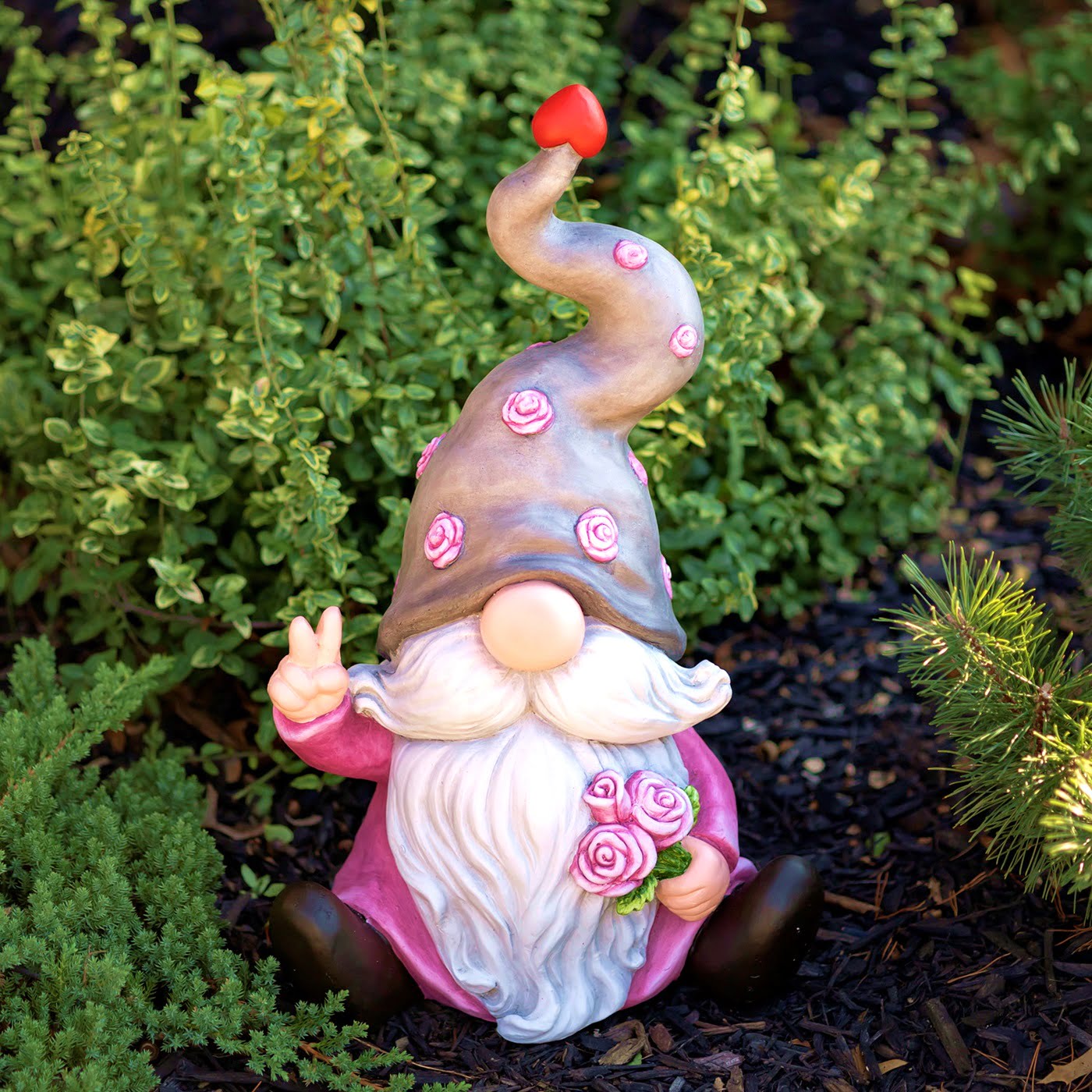 Gnome in Grey Hat with Flowers