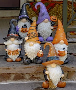 6 the Hobgoblins Halloween garden gnomes in assorted styles on front porch
