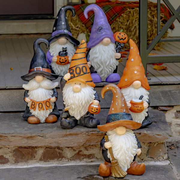 6 the Hobgoblins Halloween garden gnomes in assorted styles on front porch