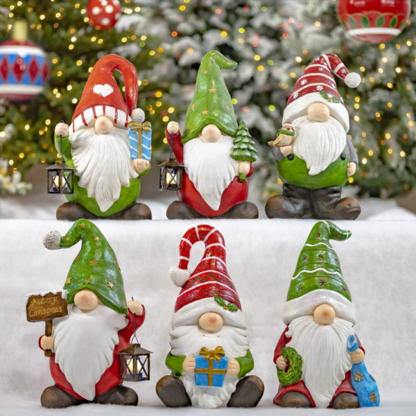 Set of Six Christmas Gnomes Holding Signs, Gifts and Trees- Without SKU's