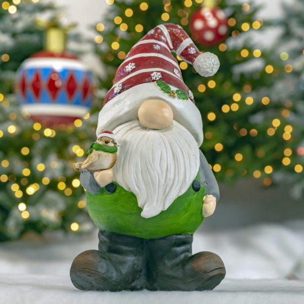Gnome with Snow Flake Hat and Beard Holing a Bird