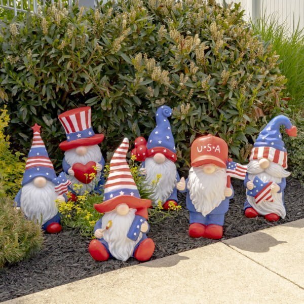 6 garden patriotic gnomes in garden
