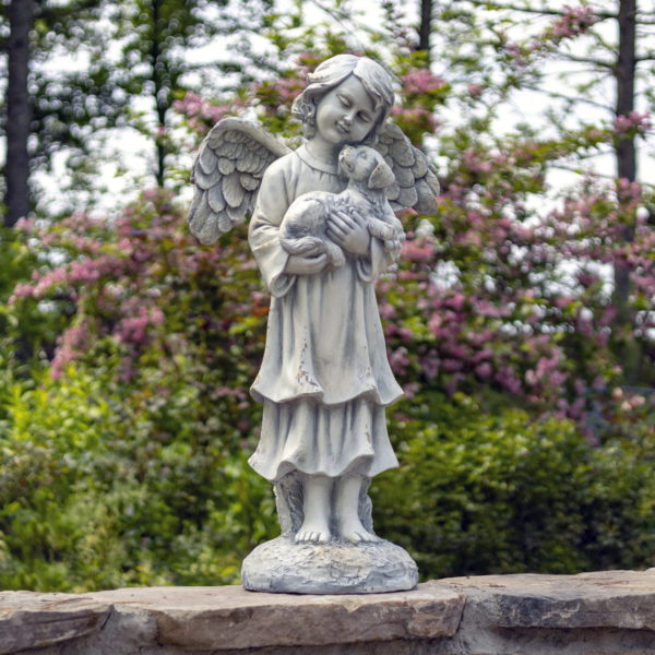 full length beautiful stone grey child angel garden statue holding puppy