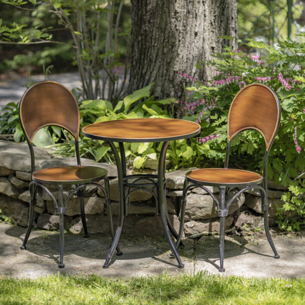 Three piece iron bistro set with round top table ,and two chairs in Copper